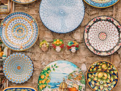 Handmade Italian made ceramic plates on a wall