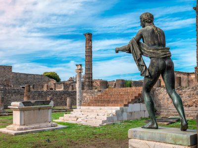 The ruins of the Temple of Apollo, aka the Sanctuary of Apollo, a Roman temple built in 120 BC and dedicated to the Greek and Roman god Apollo in the ancient Roman town of Pompeii, in southern Italy.