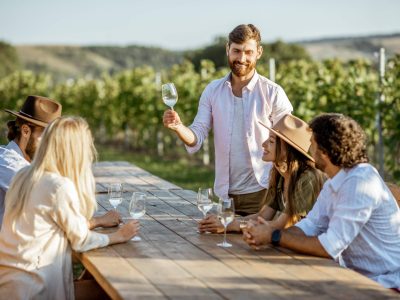 Group of a young people drinking wine and talking together while sitting at the dining table outdoors on the vineyard on a sunny evening